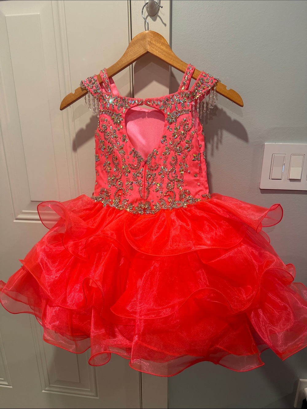 Little Rosie Pageant SR357 Flamingo Coral Organza Ruffle Glitz Girls Dress Sz 6 - Picture 2 of 5
